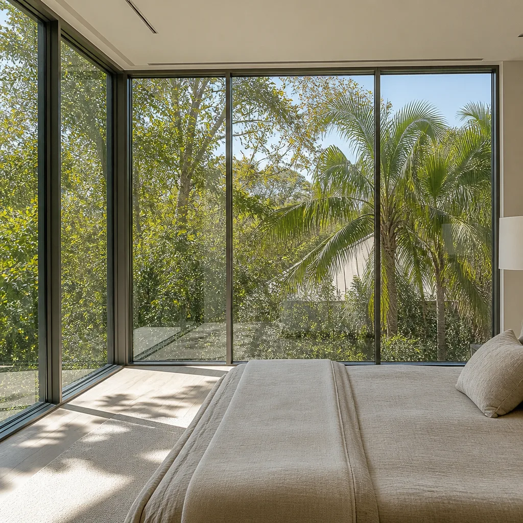 Modern floor-to-ceiling glass windows with a scenic nature view
