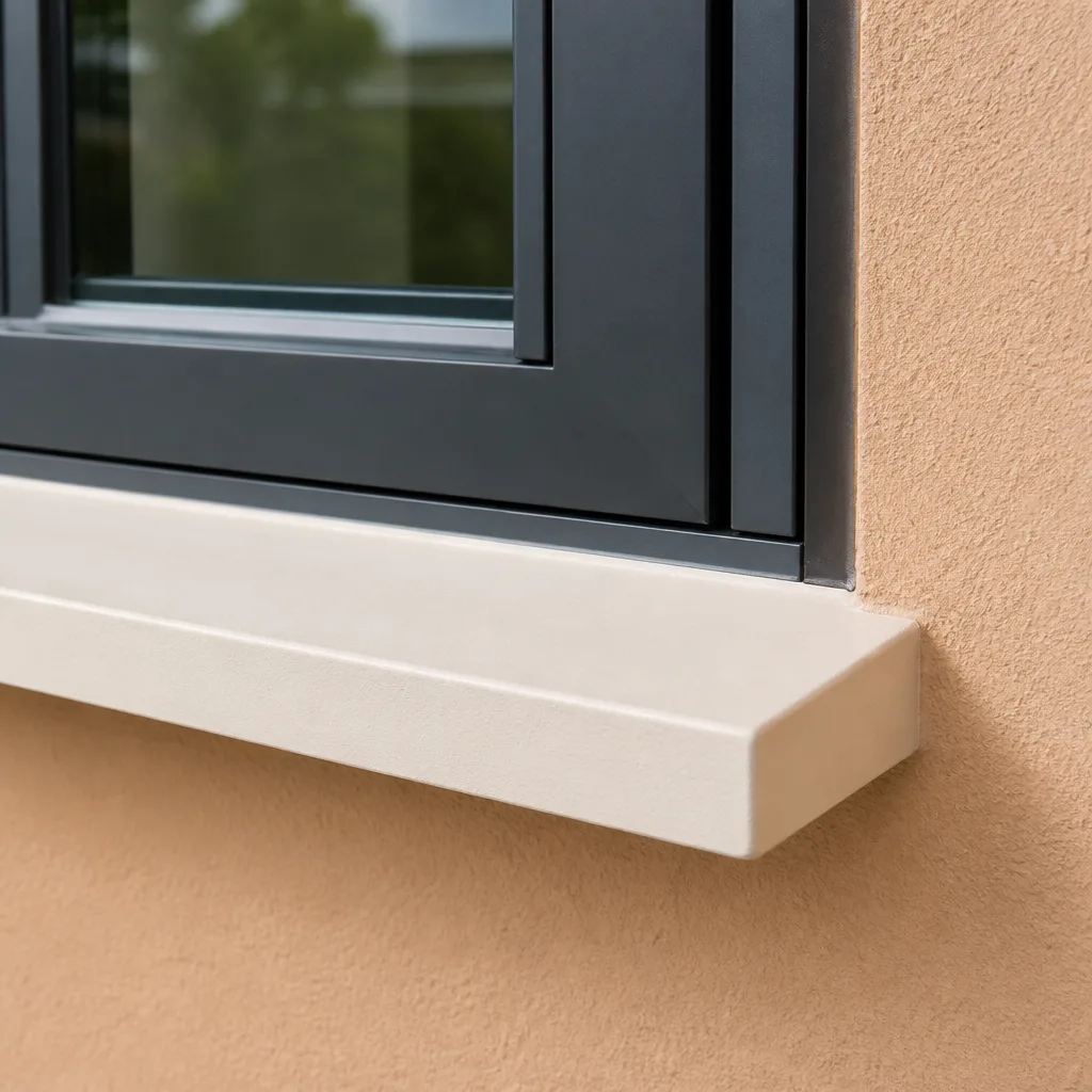 Modern gray window frame installation with clean stone sill on stucco wall